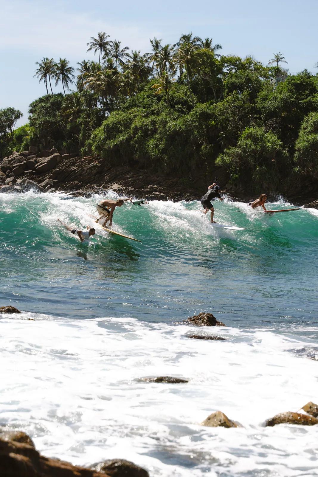 Surfisti su un’onda in una baia circondata dalle palme